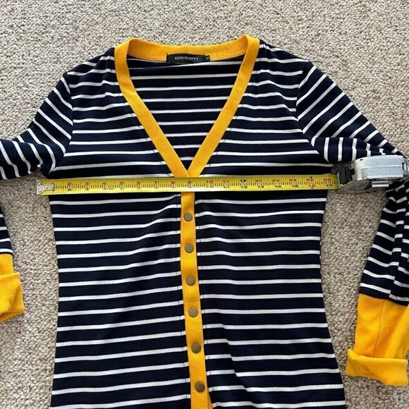 š Buy 2 Get 1 Free Merokeety S Blue Striped Long Cardigan Yellow Preppy Classic - Picture 6 of 7